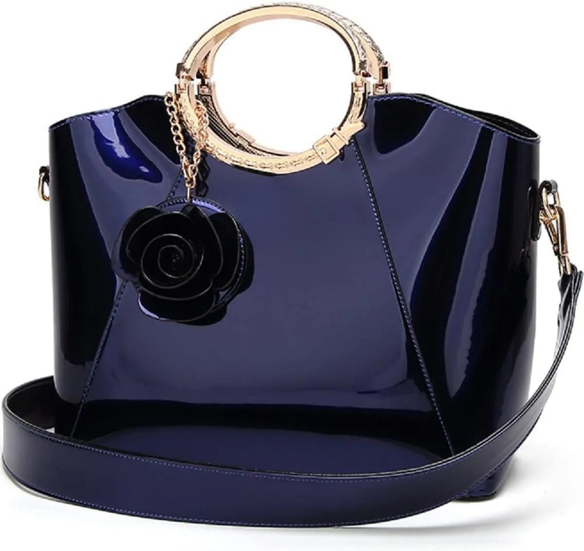Glossy Faux Patent Leather Shoulder Handbag Women Evening Party Satchel Flower Pendant Top Handle Tote Purses