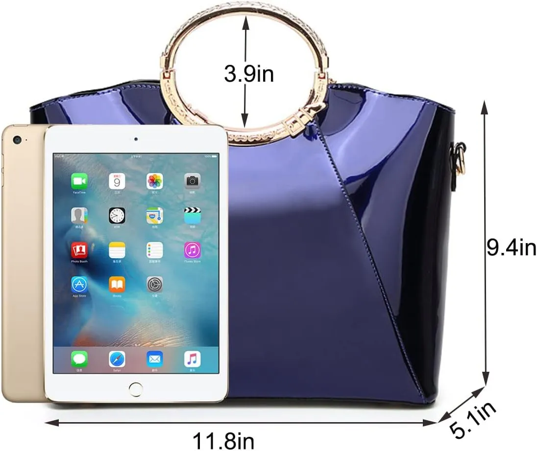 Glossy Faux Patent Leather Shoulder Handbag Women Evening Party Satchel Flower Pendant Top Handle Tote Purses
