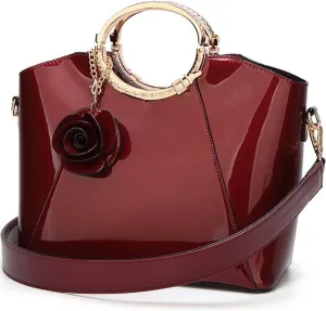 Glossy Faux Patent Leather Shoulder Handbag Women Evening Party Satchel Flower Pendant Top Handle Tote Purses