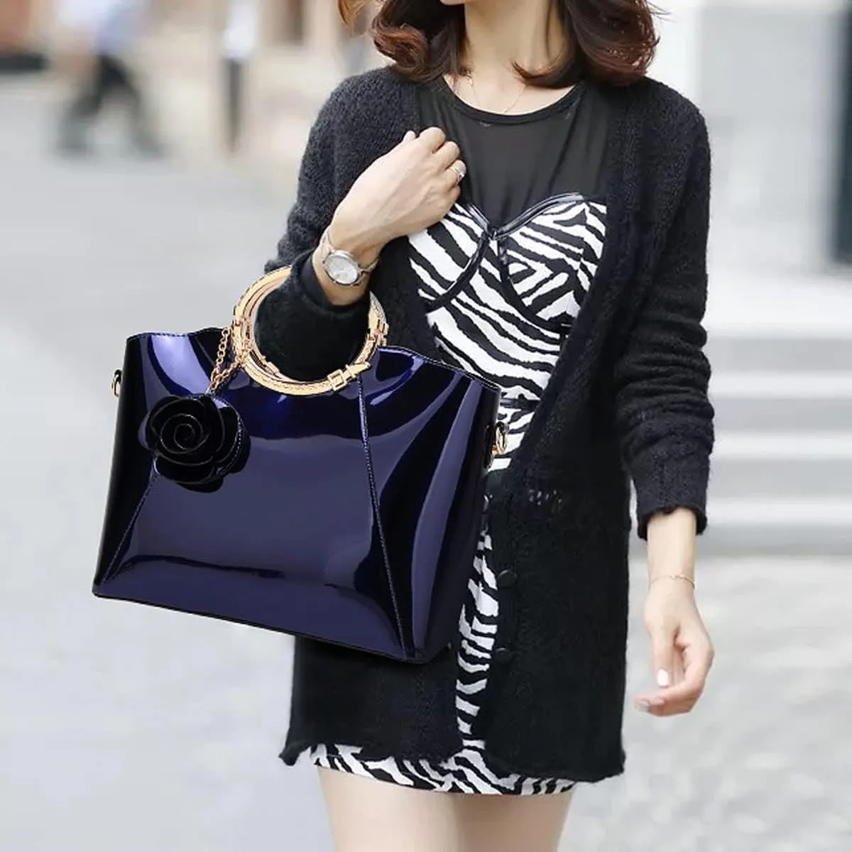 Glossy Faux Patent Leather Shoulder Handbag Women Evening Party Satchel Flower Pendant Top Handle Tote Purses
