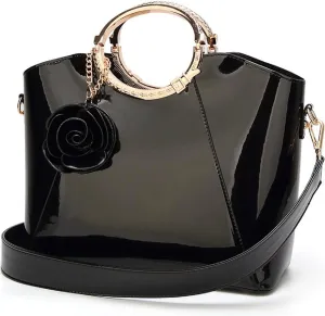 Glossy Faux Patent Leather Shoulder Handbag Women Evening Party Satchel Flower Pendant Top Handle Tote Purses