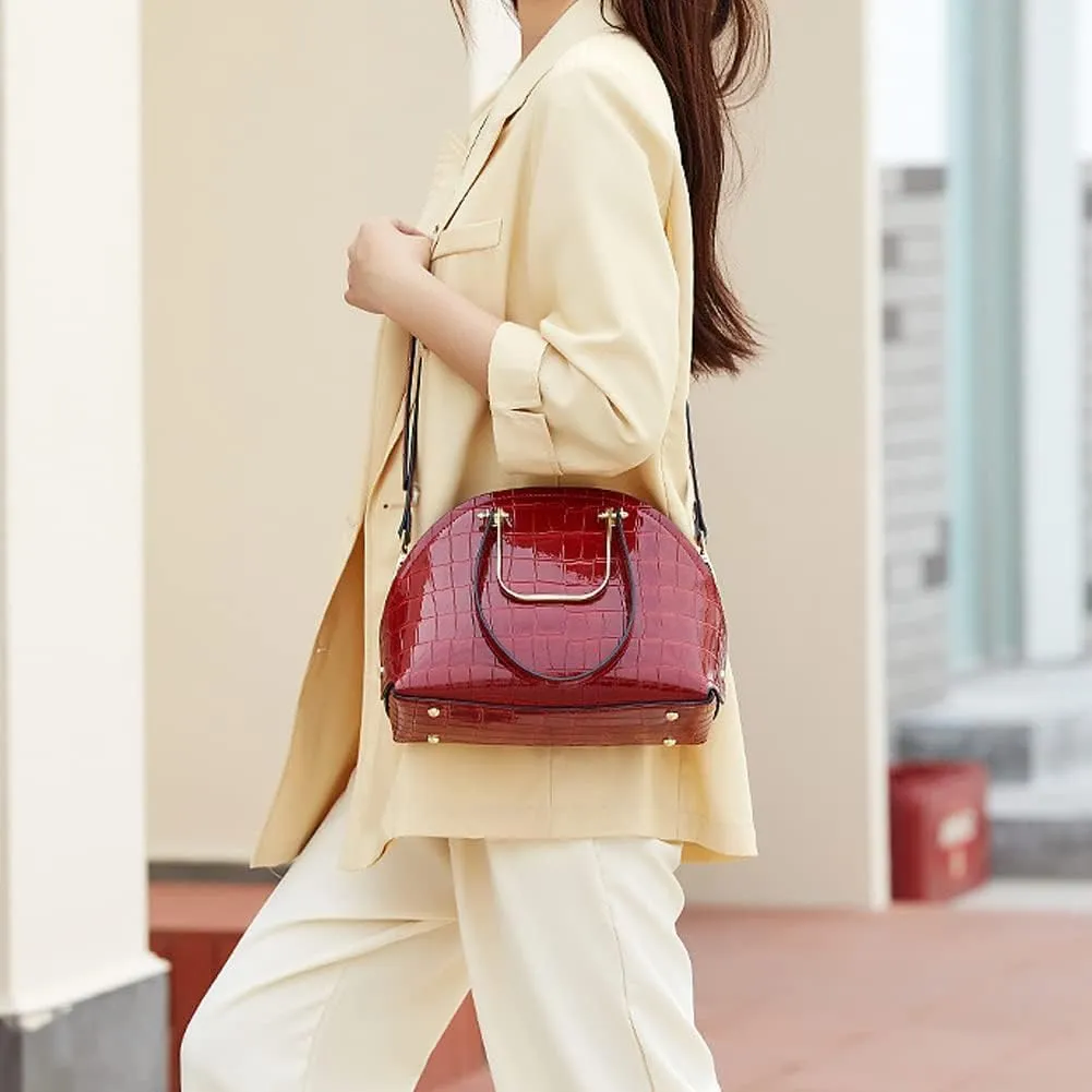 Glossy Patent Leather Handbag for Women Stone Pattern Shoulder Bag Top Handle Satchel Retro Crossbody Bag