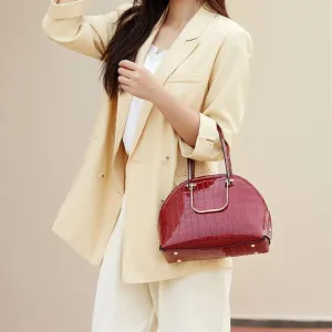 Glossy Patent Leather Handbag for Women Stone Pattern Shoulder Bag Top Handle Satchel Retro Crossbody Bag