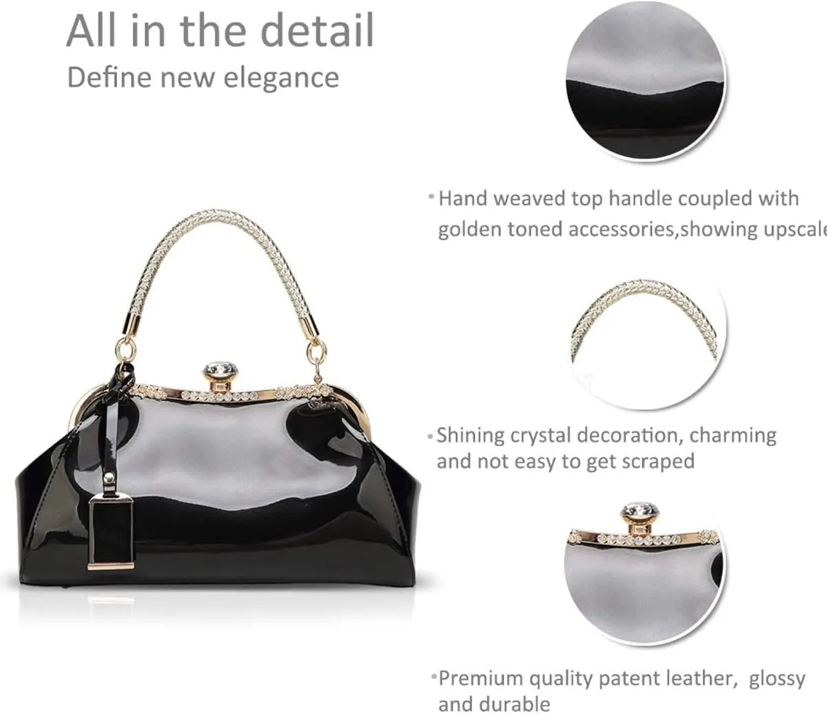 Glossy Patent Leather Handbag for Women Top Handle Tote Bag Evening Shoulder Bag Wedding Satchel Retro Purse
