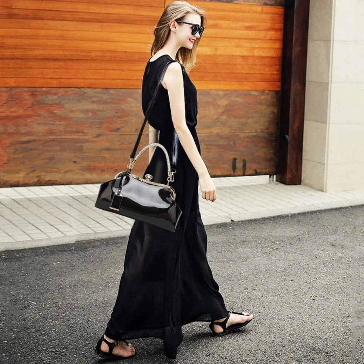 Glossy Patent Leather Handbag for Women Top Handle Tote Bag Evening Shoulder Bag Wedding Satchel Retro Purse