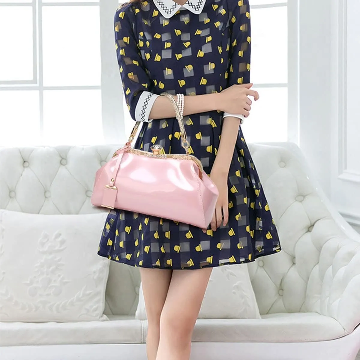 Glossy Patent Leather Handbag for Women Top Handle Tote Bag Evening Shoulder Bag Wedding Satchel Retro Purse