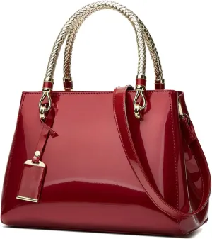 Glossy Women Handbag Shiny Patent Leather Top-Handle Bag Medium Shoulder Bag Tote Evening Purse Party Satchel