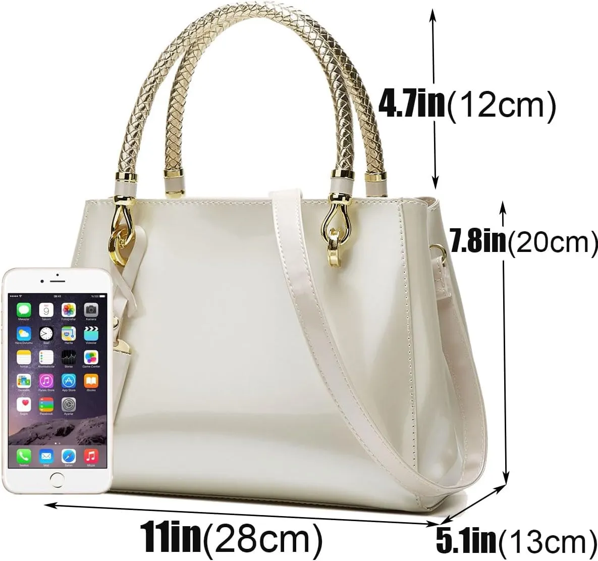 Glossy Women Handbag Shiny Patent Leather Top-Handle Bag Medium Shoulder Bag Tote Evening Purse Party Satchel