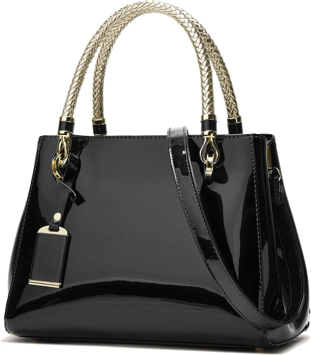 Glossy Women Handbag Shiny Patent Leather Top-Handle Bag Medium Shoulder Bag Tote Evening Purse Party Satchel