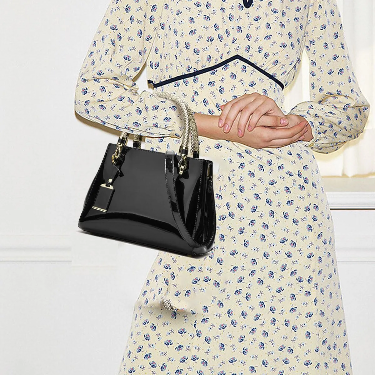 Glossy Women Handbag Shiny Patent Leather Top-Handle Bag Medium Shoulder Bag Tote Evening Purse Party Satchel