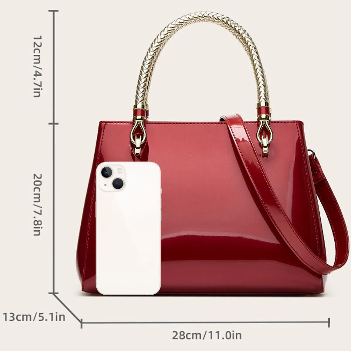 Glossy Women Handbag Shiny Patent Leather Top-Handle Bag Medium Shoulder Bag Tote Evening Purse Party Satchel