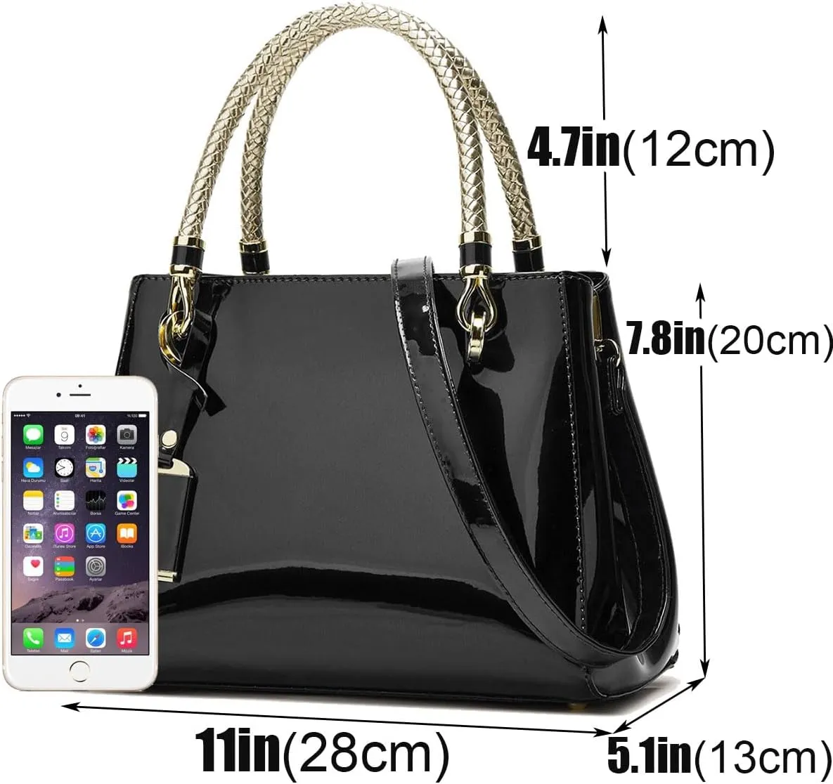 Glossy Women Handbag Shiny Patent Leather Top-Handle Bag Medium Shoulder Bag Tote Evening Purse Party Satchel