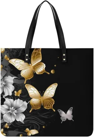 Gold White Butterflies Black Large Leather Handbags Women Fashion Handbag Multifunctional Travel Bag It Is A Great Gift for Mothers, Teachers, Friends, Bridesmaids