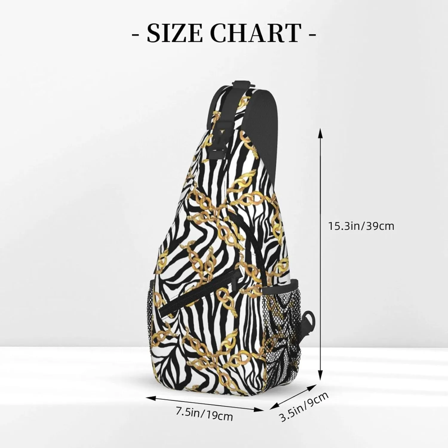 Golden Buckle Chains Black White Zebra Print Cross Chest Bag Diagonally Hiking Crossbody Bag Travel Shoulder Daypack Lightweight Sling Backpack Cycling Daypacks Fitness Chest Backpacks