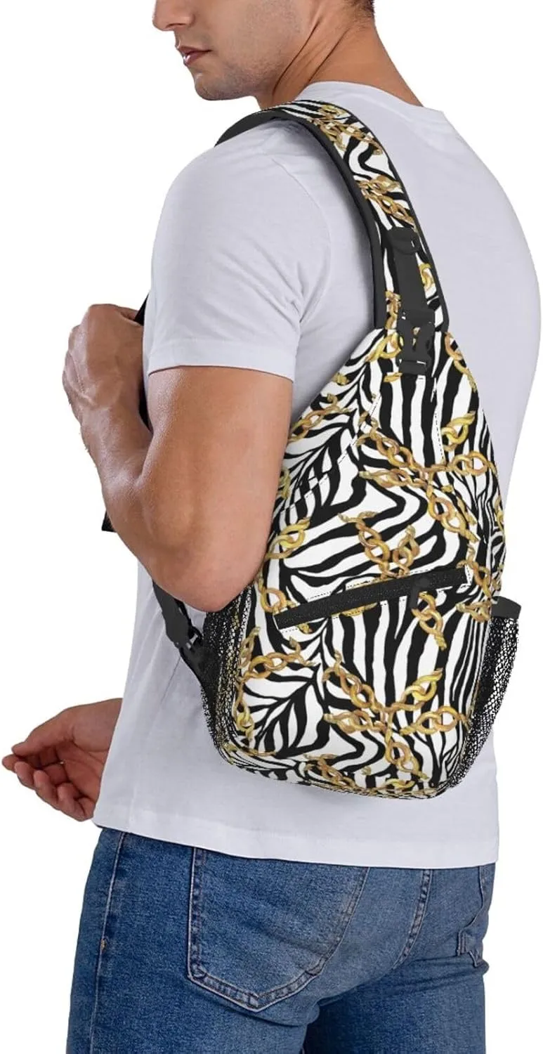 Golden Buckle Chains Black White Zebra Print Cross Chest Bag Diagonally Hiking Crossbody Bag Travel Shoulder Daypack Lightweight Sling Backpack Cycling Daypacks Fitness Chest Backpacks