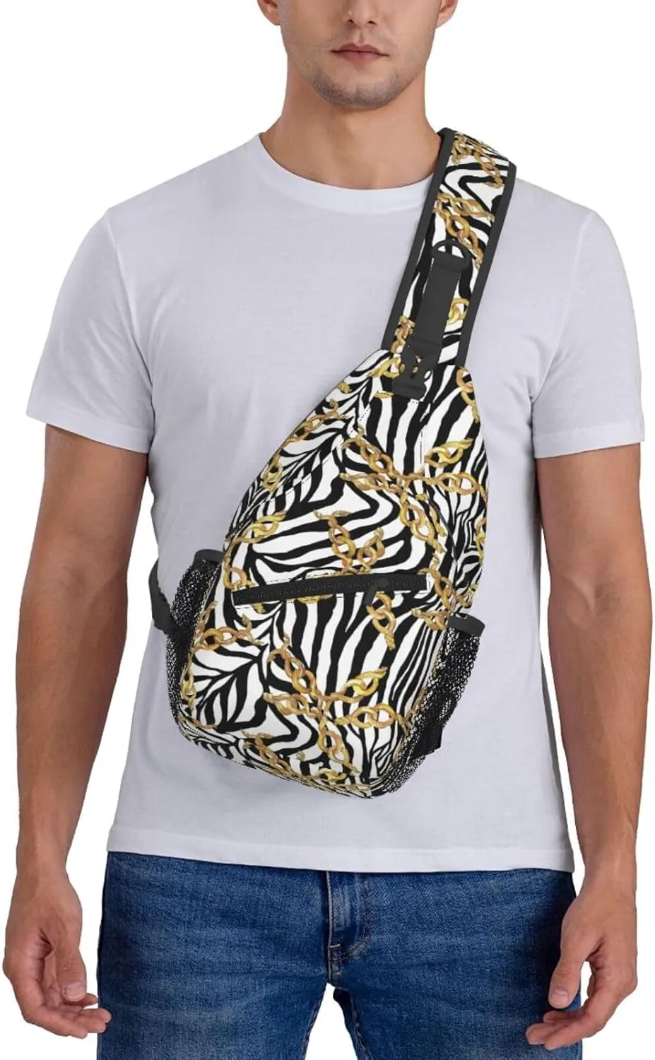 Golden Buckle Chains Black White Zebra Print Cross Chest Bag Diagonally Hiking Crossbody Bag Travel Shoulder Daypack Lightweight Sling Backpack Cycling Daypacks Fitness Chest Backpacks