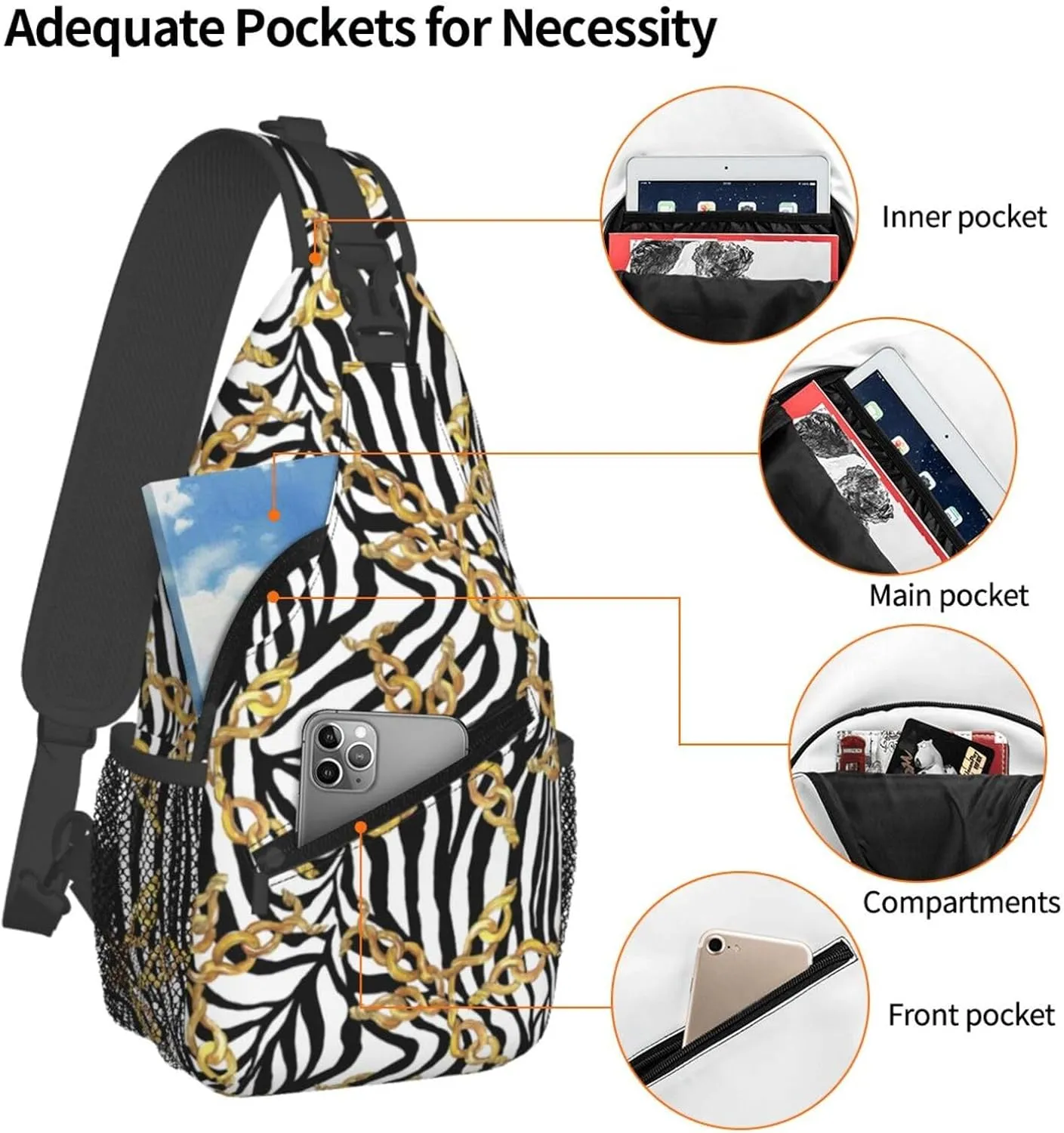 Golden Buckle Chains Black White Zebra Print Cross Chest Bag Diagonally Hiking Crossbody Bag Travel Shoulder Daypack Lightweight Sling Backpack Cycling Daypacks Fitness Chest Backpacks
