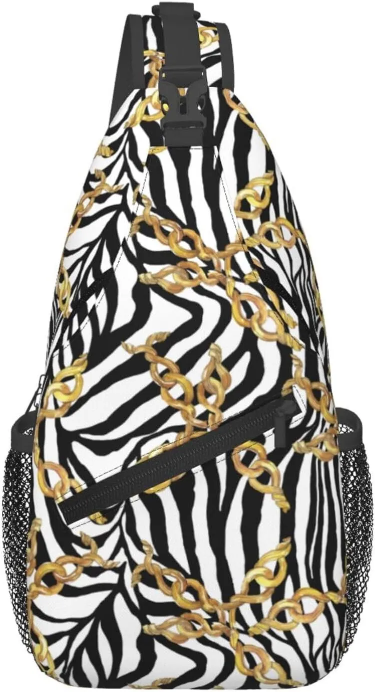 Golden Buckle Chains Black White Zebra Print Cross Chest Bag Diagonally Hiking Crossbody Bag Travel Shoulder Daypack Lightweight Sling Backpack Cycling Daypacks Fitness Chest Backpacks