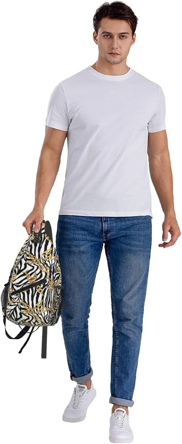 Golden Buckle Chains Black White Zebra Print Cross Chest Bag Diagonally Hiking Crossbody Bag Travel Shoulder Daypack Lightweight Sling Backpack Cycling Daypacks Fitness Chest Backpacks