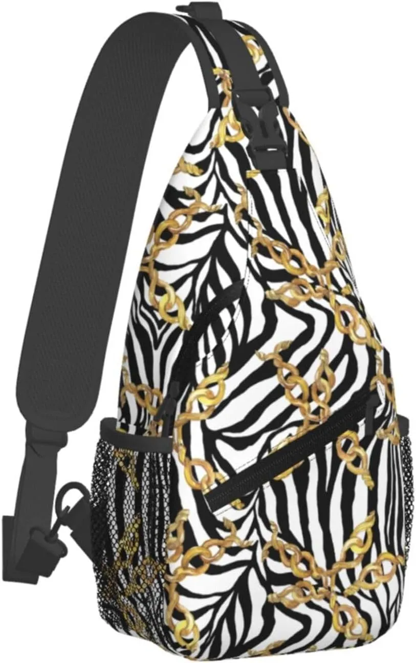 Golden Buckle Chains Black White Zebra Print Cross Chest Bag Diagonally Hiking Crossbody Bag Travel Shoulder Daypack Lightweight Sling Backpack Cycling Daypacks Fitness Chest Backpacks