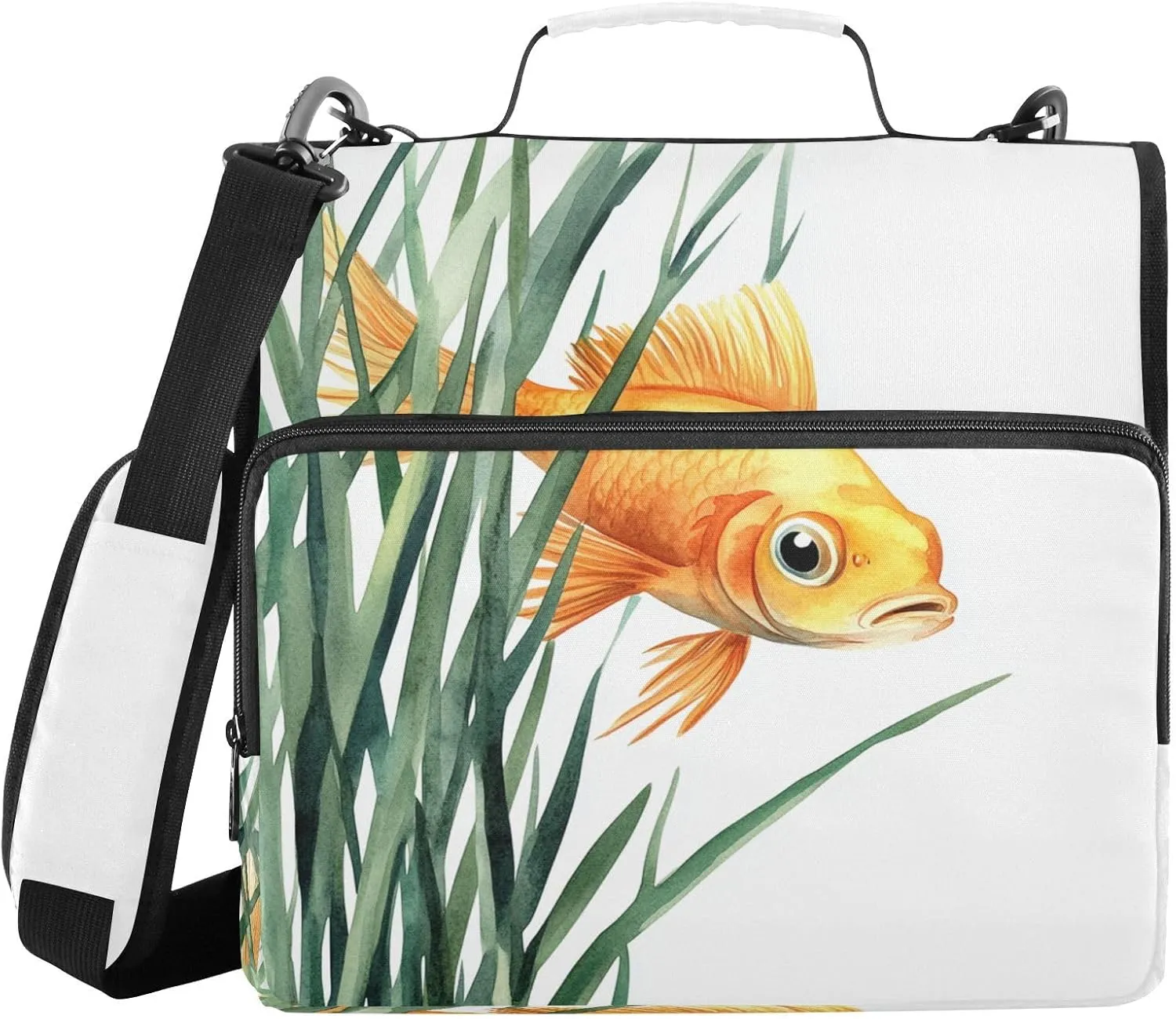 Goldfish Grass White 3 Ring Zipper Binder with Shoulder Strap Portfolio Organizer for School Office Supplies Storage