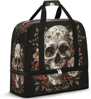 Gothic Skull Skeleton Floral Foldable Travel Duffel Bag Overnight Weekender Bags with Shoes Compartment Sports Gym Bags for Men Women