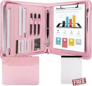 GraduatePro Zippered Leather Padfolio Portfolio Folder with Handle and Clipboard, 3-Ring A4 Size Interview Legal Conference Document Organizer, Business Card Holder Bag for Men/Women, Pink Marble