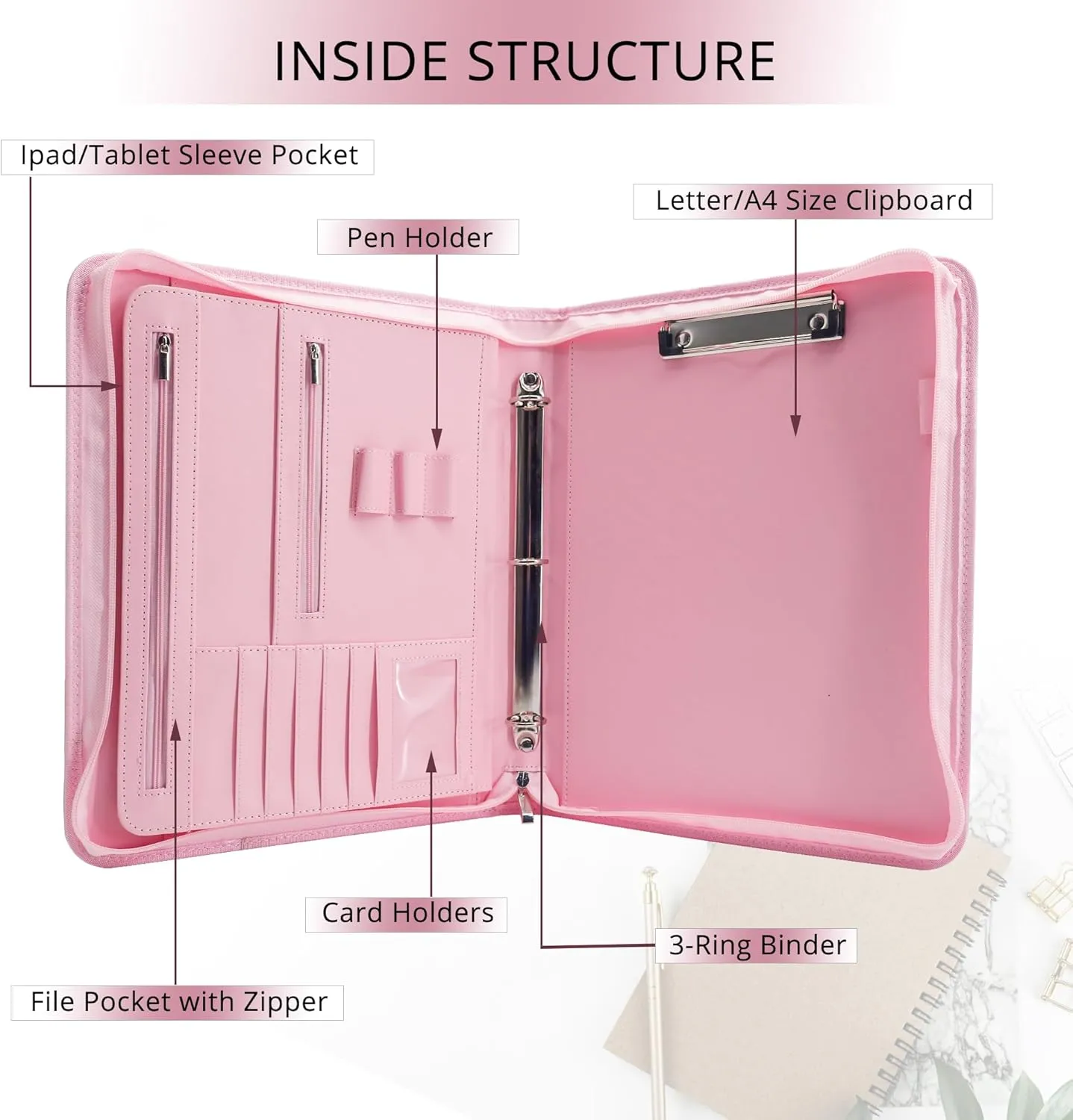 GraduatePro Zippered Leather Padfolio Portfolio Folder with Handle and Clipboard, 3-Ring A4 Size Interview Legal Conference Document Organizer, Business Card Holder Bag for Men/Women, Pink Marble