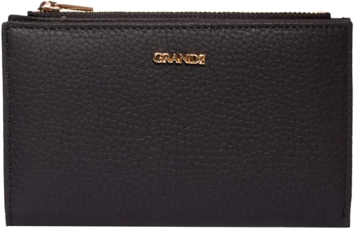 grande 2804 Genuine Leather Medium Bifold Wallet For Women Minimalist Wallet Ladies Zippered Mini Purse Small Card Holder (Black)