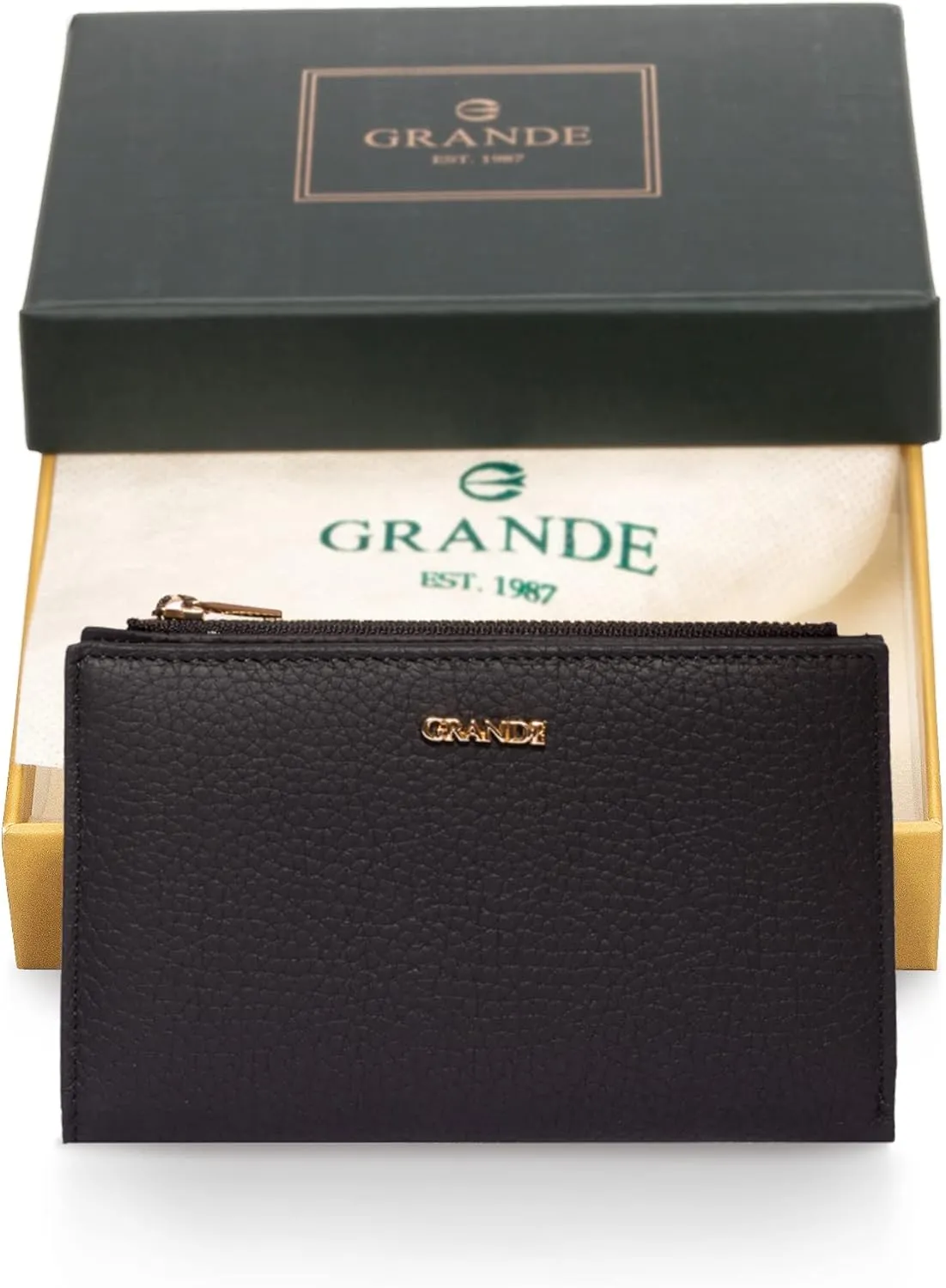 grande 2804 Genuine Leather Medium Bifold Wallet For Women Minimalist Wallet Ladies Zippered Mini Purse Small Card Holder (Black)