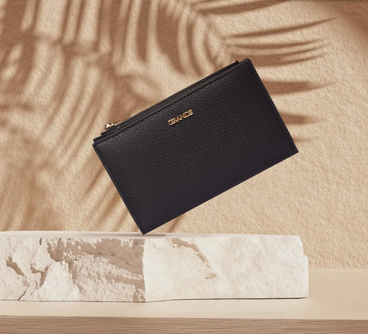 grande 2804 Genuine Leather Medium Bifold Wallet For Women Minimalist Wallet Ladies Zippered Mini Purse Small Card Holder (Black)