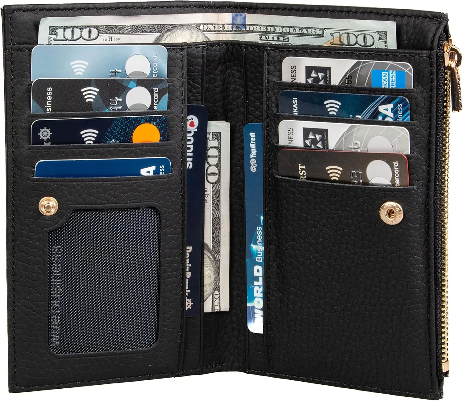 grande 2804 Genuine Leather Medium Bifold Wallet For Women Minimalist Wallet Ladies Zippered Mini Purse Small Card Holder (Black)