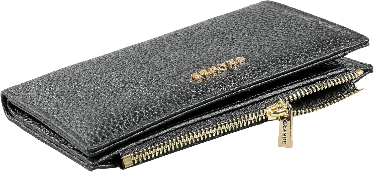 grande 2804 Genuine Leather Medium Bifold Wallet For Women Minimalist Wallet Ladies Zippered Mini Purse Small Card Holder (Black)