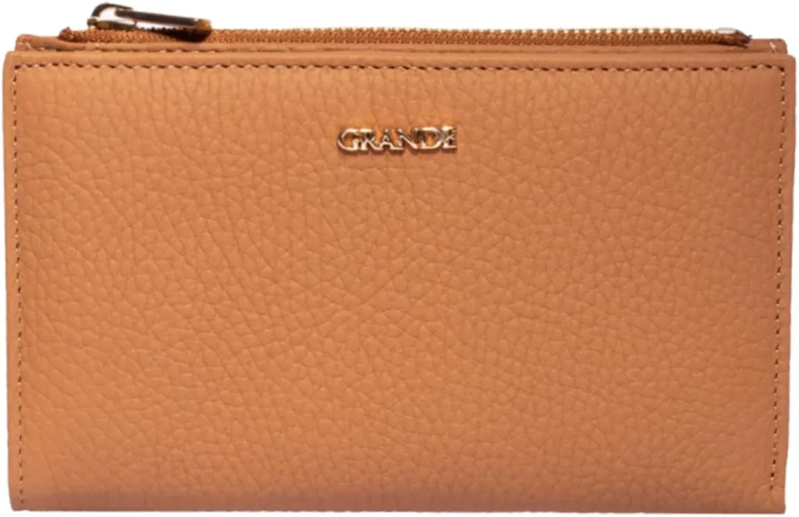 grande 2804 Genuine Leather Medium Bifold Wallet For Women Minimalist Wallet Ladies Zippered Mini Purse Small Card Holder (Camel)