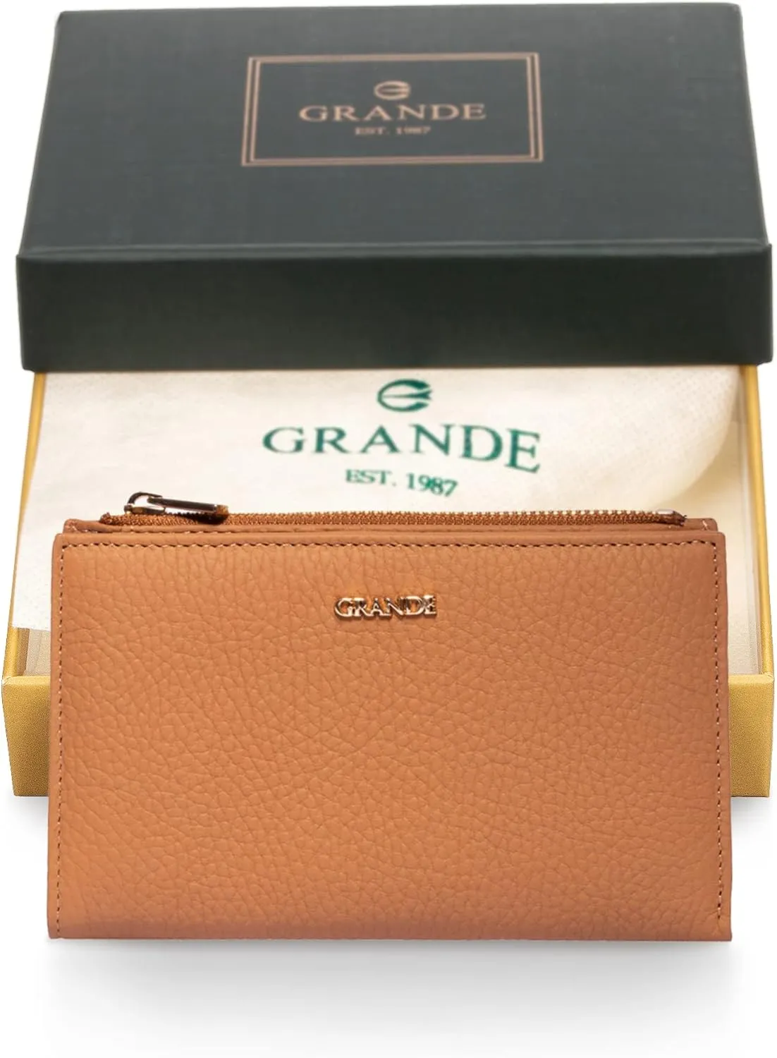 grande 2804 Genuine Leather Medium Bifold Wallet For Women Minimalist Wallet Ladies Zippered Mini Purse Small Card Holder (Camel)