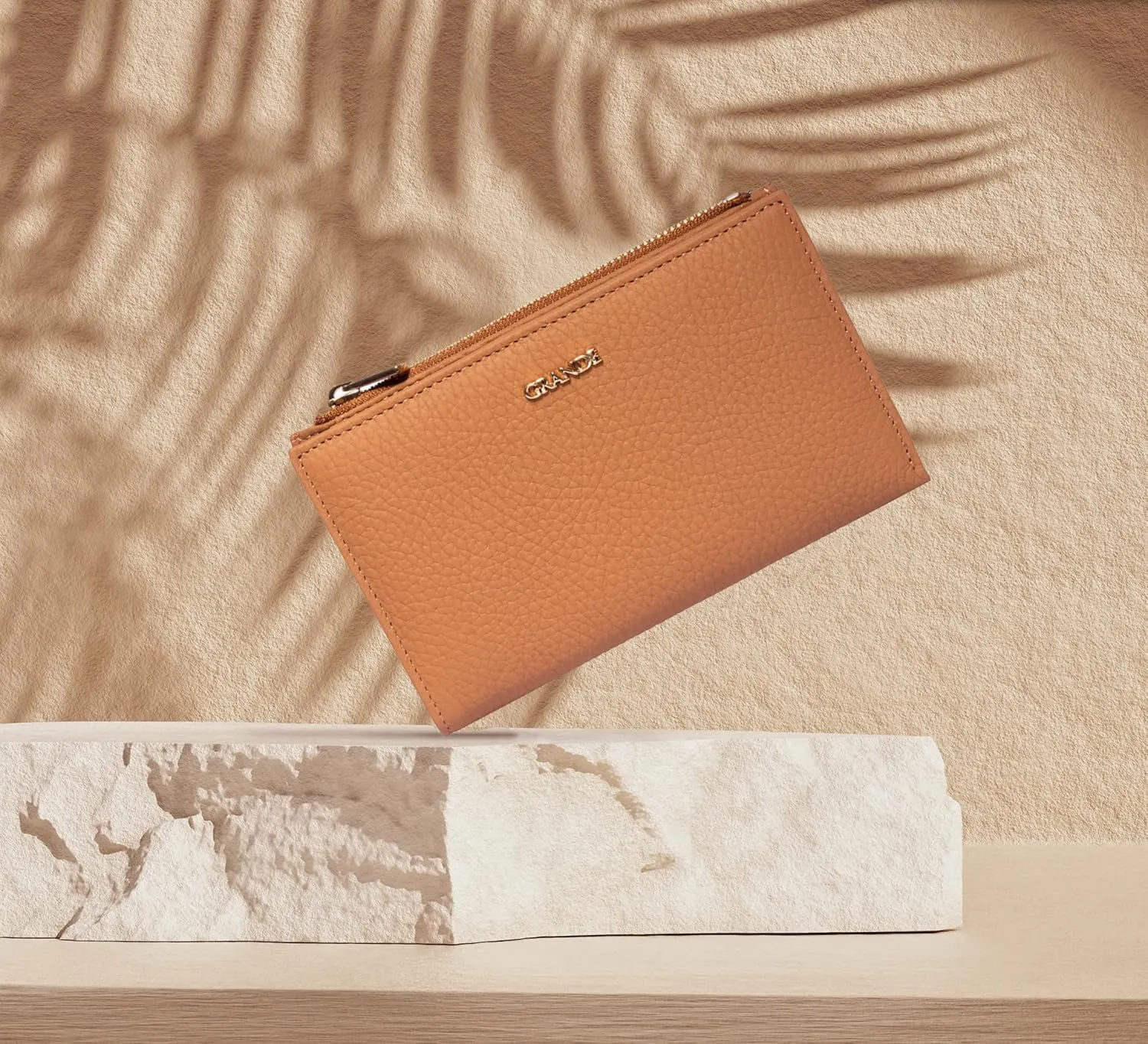 grande 2804 Genuine Leather Medium Bifold Wallet For Women Minimalist Wallet Ladies Zippered Mini Purse Small Card Holder (Camel)
