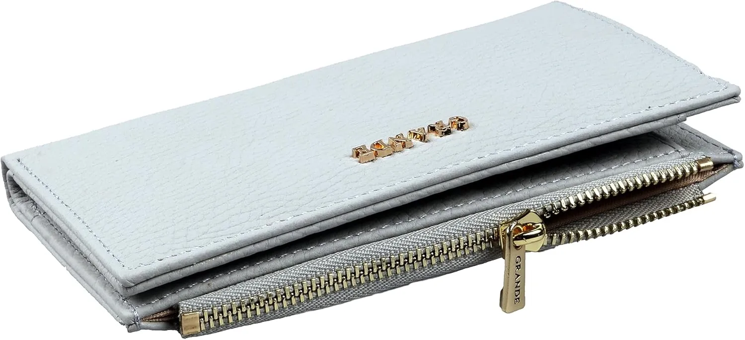 grande 2804 Genuine Leather Medium Bifold Wallet For Women Minimalist Wallet Ladies Zippered Mini Purse Small Card Holder (Gray)