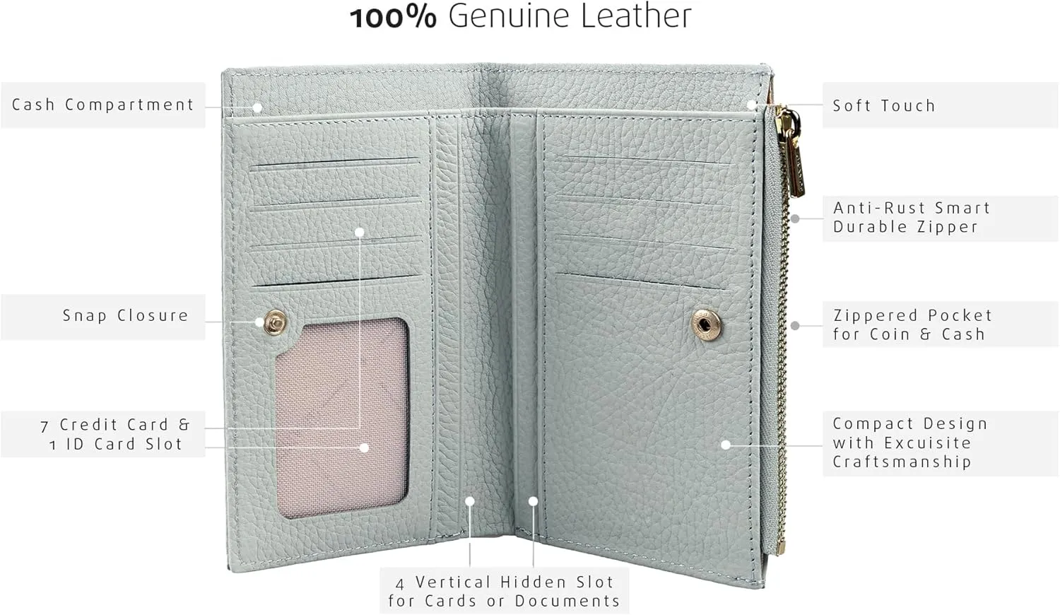 grande 2804 Genuine Leather Medium Bifold Wallet For Women Minimalist Wallet Ladies Zippered Mini Purse Small Card Holder (Gray)