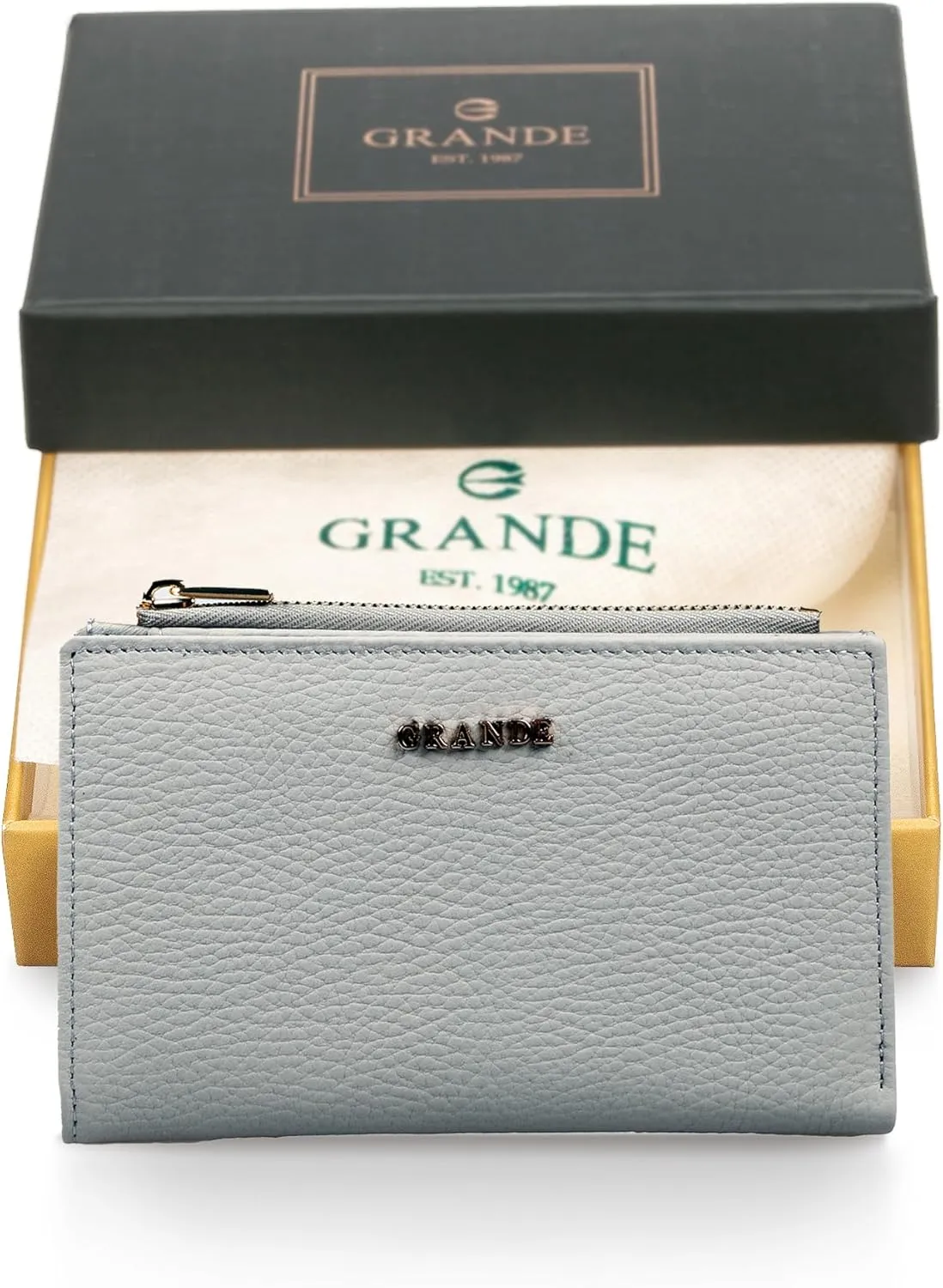 grande 2804 Genuine Leather Medium Bifold Wallet For Women Minimalist Wallet Ladies Zippered Mini Purse Small Card Holder (Gray)
