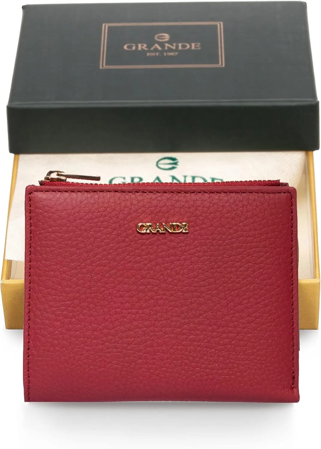 grande 2805 Genuine Leather Small Bifold Wallet For Women Minimalist Wallet Ladies Zippered Mini Purse Small Card Holder (Burgundy)