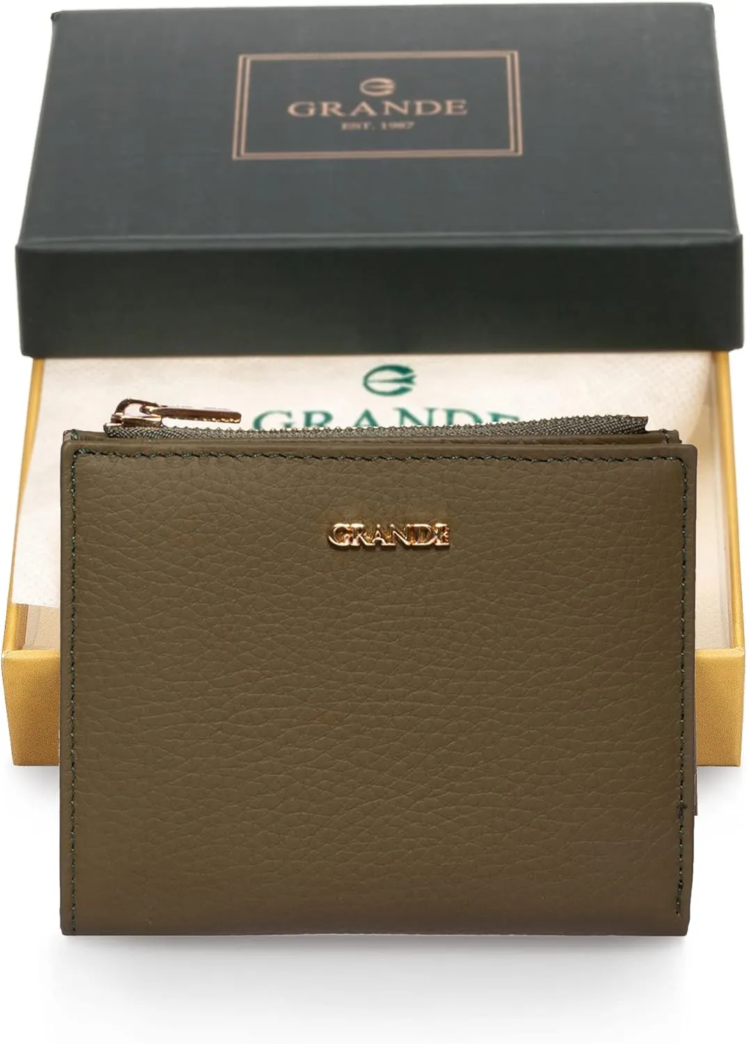 grande 2805 Genuine Leather Small Bifold Wallet For Women Minimalist Wallet Ladies Zippered Mini Purse Small Card Holder (Green)
