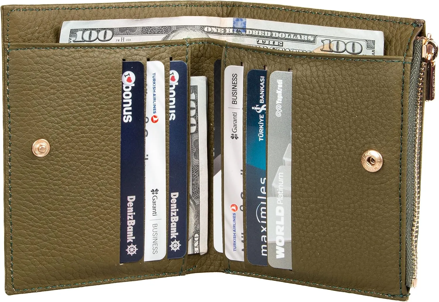 grande 2805 Genuine Leather Small Bifold Wallet For Women Minimalist Wallet Ladies Zippered Mini Purse Small Card Holder (Green)
