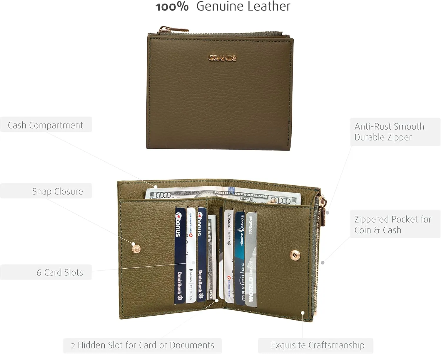 grande 2805 Genuine Leather Small Bifold Wallet For Women Minimalist Wallet Ladies Zippered Mini Purse Small Card Holder (Green)