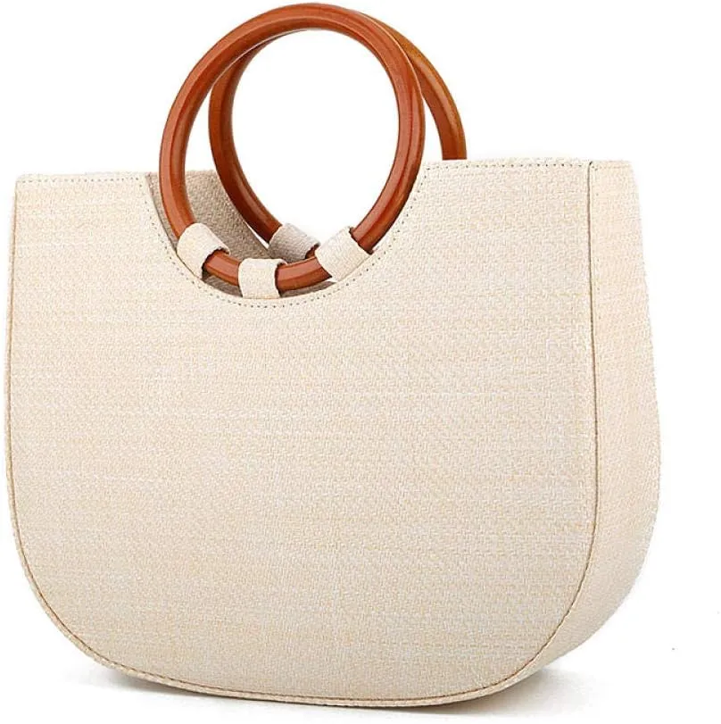 Grass Package Ring Wooden Handle Handbag Shoulder Messenger Woven Handbag-Creamy-White