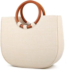 Grass Package Ring Wooden Handle Handbag Shoulder Messenger Woven Handbag-Creamy-White