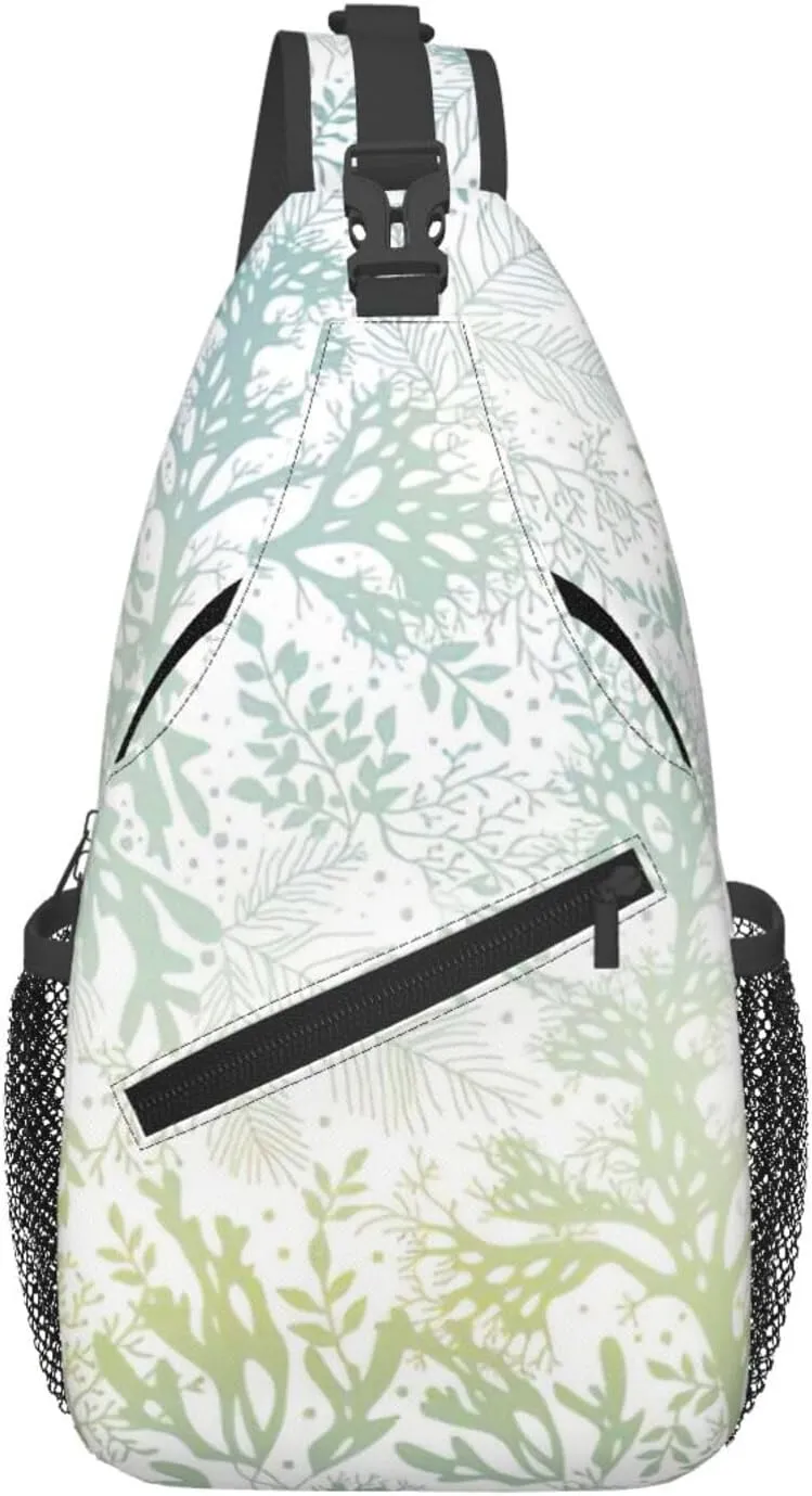 Green Sea Blue Seaweed print Cross bag, chest crossbody bag, men's cross chest bag, adjustable outdoor travel bag