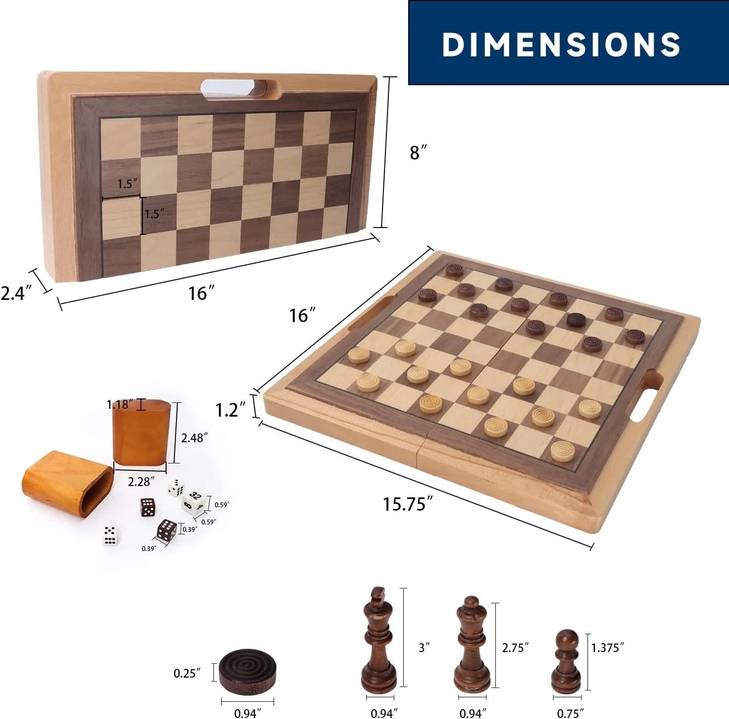 GSE Games & Sports Expert 16" Deluxe 3-in-1 Wooden Folding Chess, Checker and Backgammon Board Game Combo Set, Portable Travel Game Set for Kids & Adults