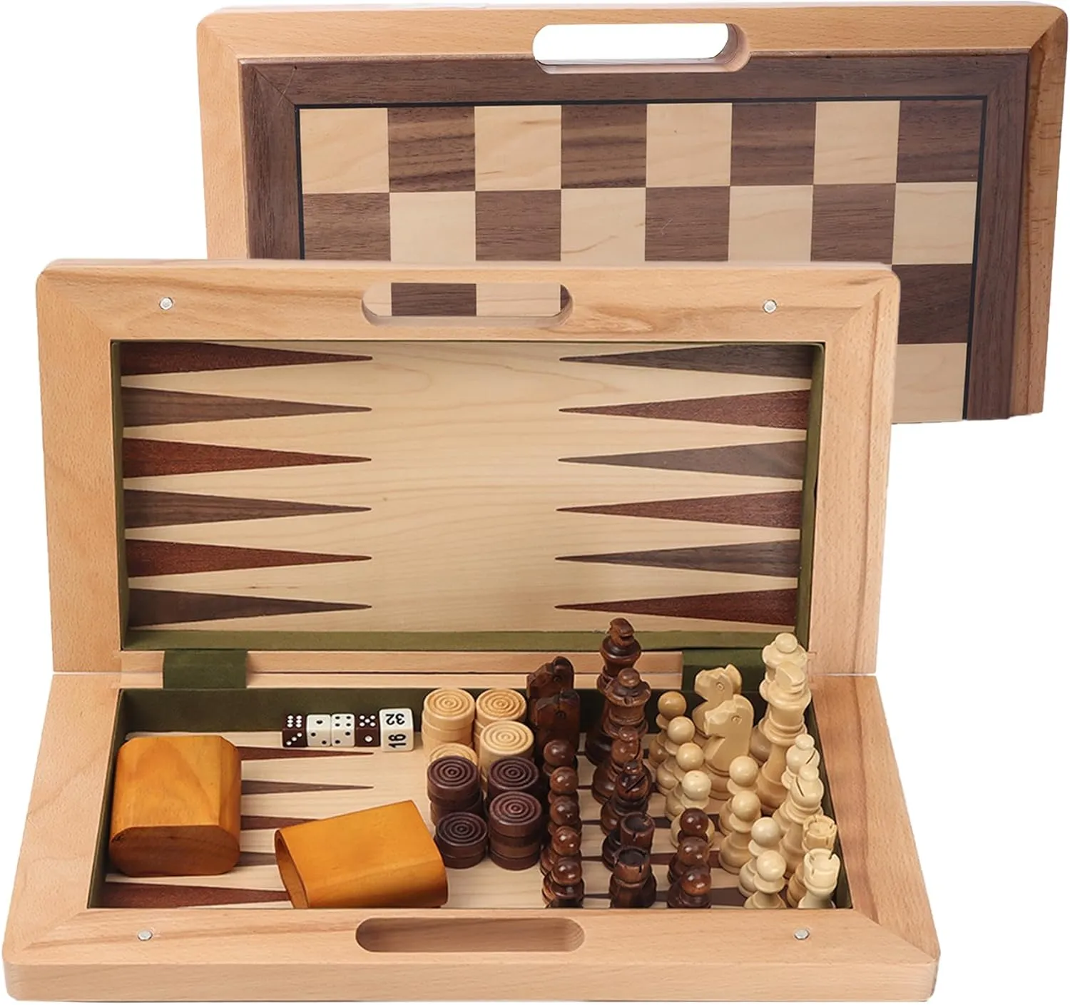 GSE Games & Sports Expert 16" Deluxe 3-in-1 Wooden Folding Chess, Checker and Backgammon Board Game Combo Set, Portable Travel Game Set for Kids & Adults