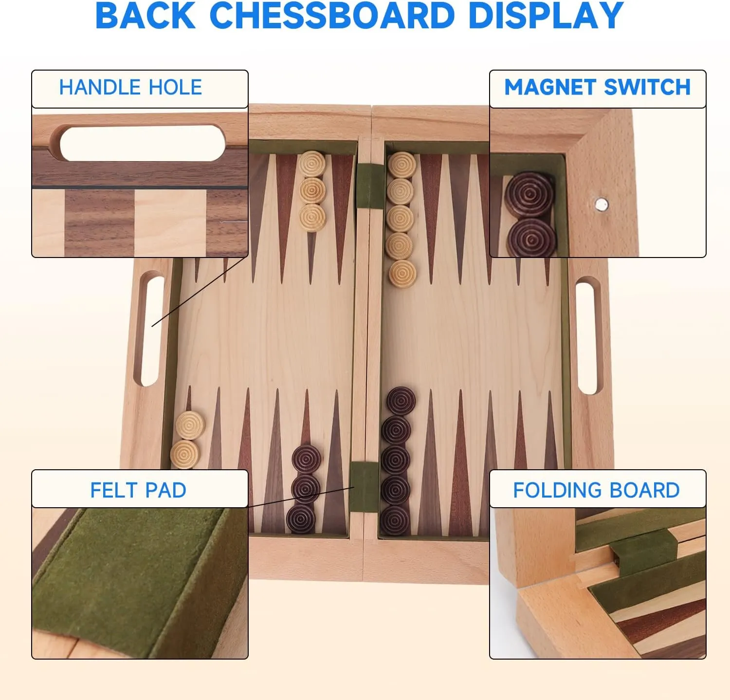 GSE Games & Sports Expert 16" Deluxe 3-in-1 Wooden Folding Chess, Checker and Backgammon Board Game Combo Set, Portable Travel Game Set for Kids & Adults