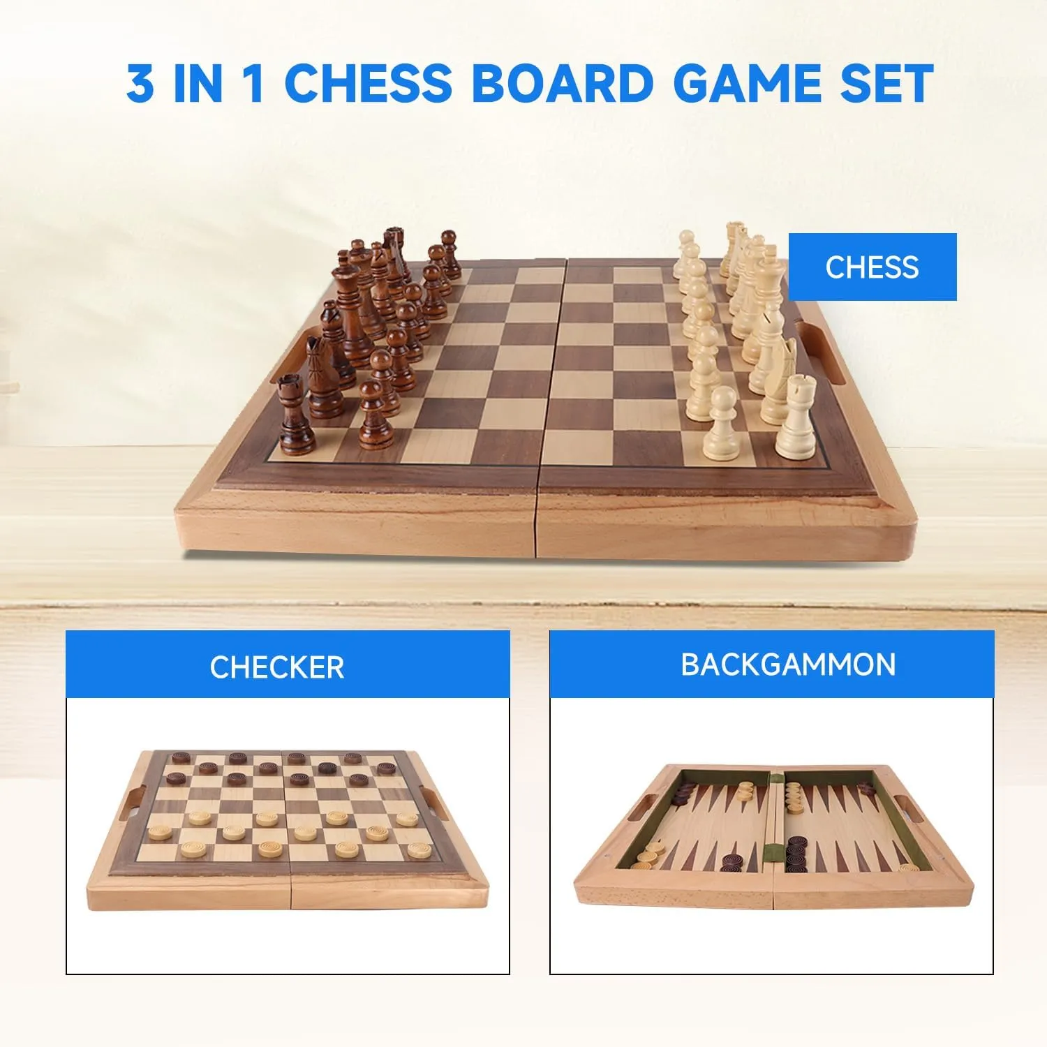 GSE Games & Sports Expert 16" Deluxe 3-in-1 Wooden Folding Chess, Checker and Backgammon Board Game Combo Set, Portable Travel Game Set for Kids & Adults